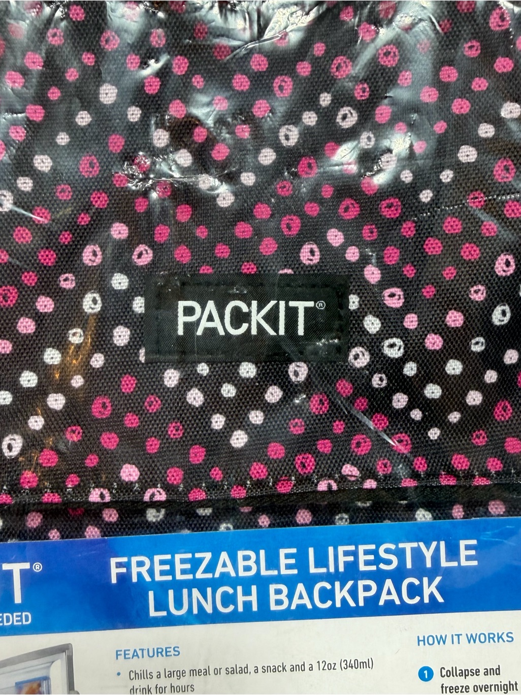 Packit Freezable Lunch Bag Backpack Cooler Black Pink Polka Dots Pba Pvc Free — image 2 of 8